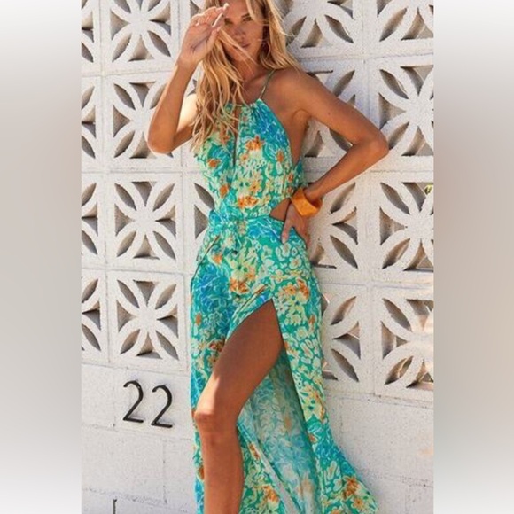 Le Salty Label Dresses & Skirts - Lé Salty Label Bianca Maxi Dress Cutaway Teal Tropical Floral Green Blue SZ M